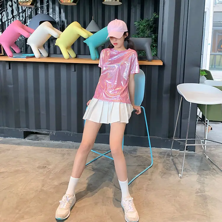 Women's Blue Glitter Square Collar T-Shirt Mid Length Loose Large - Image 6