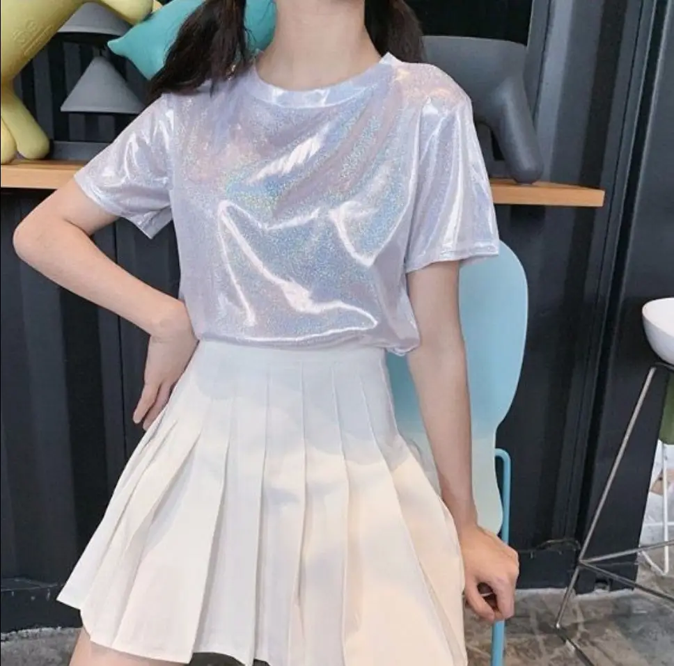 Women's Blue Glitter Square Collar T-Shirt Mid Length Loose Large - Image 7
