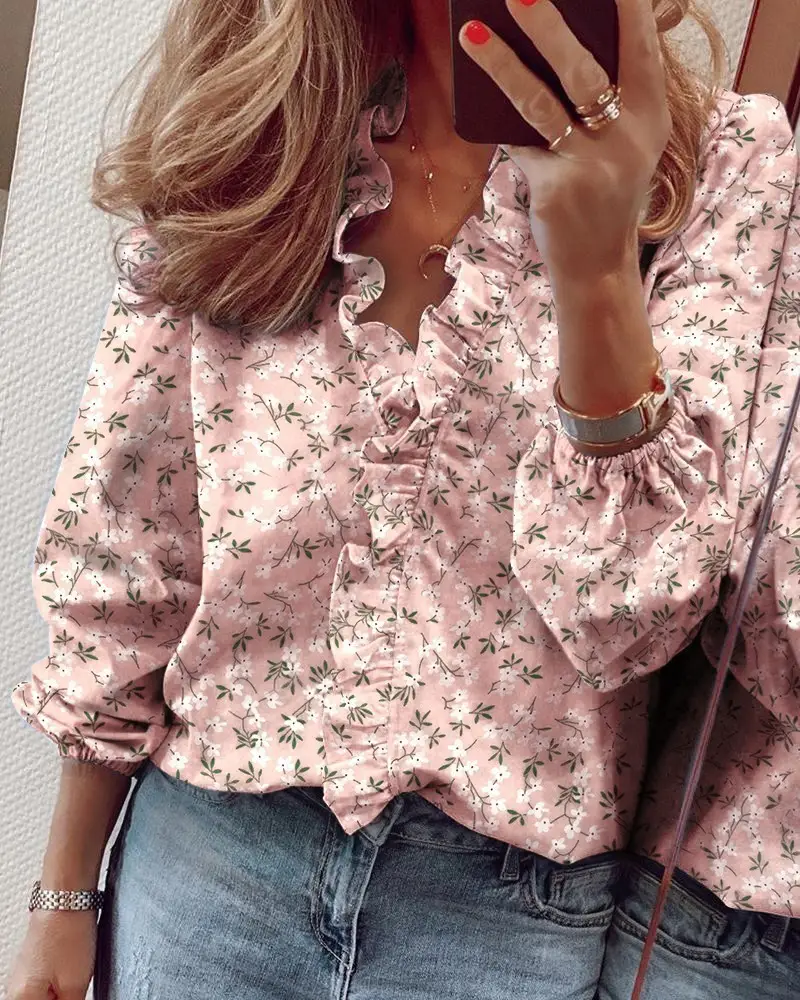 Women's Pink Floral Long Sleeve Ruffled Top - Image 7