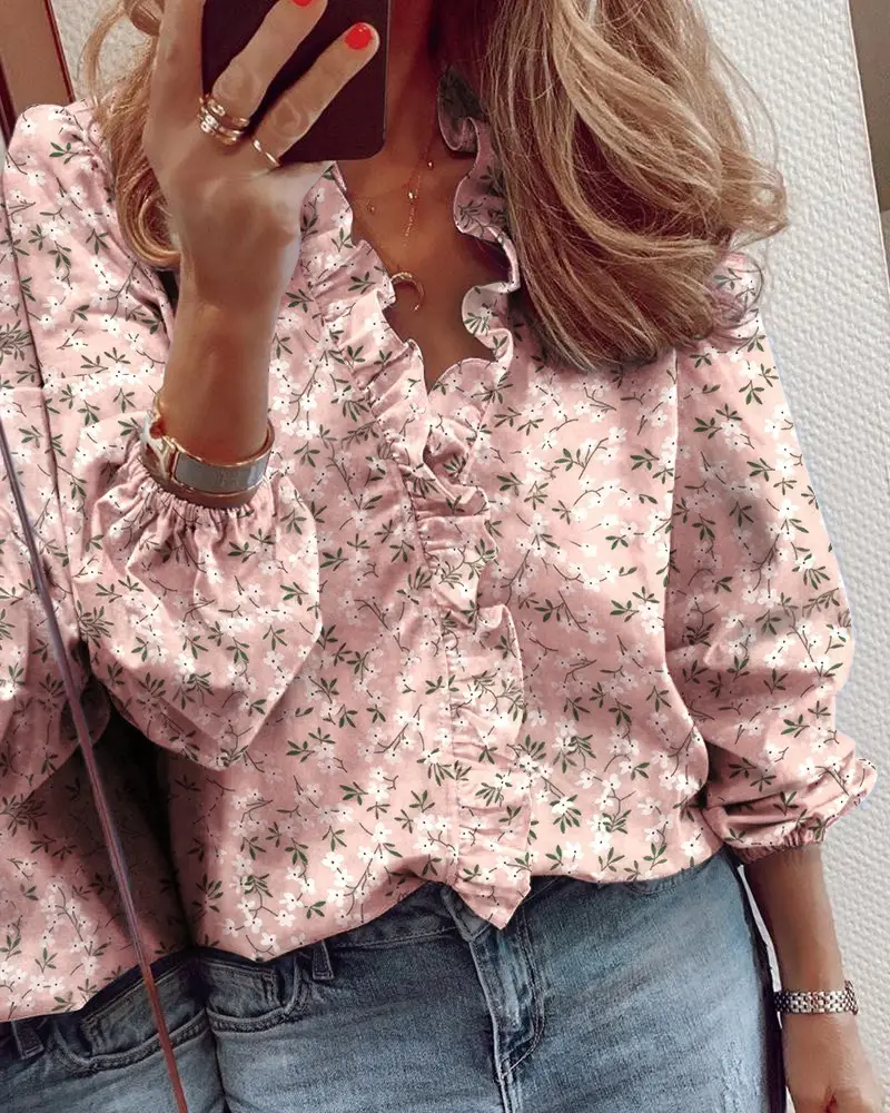 Women's Pink Floral Long Sleeve Ruffled Top — feature 67
