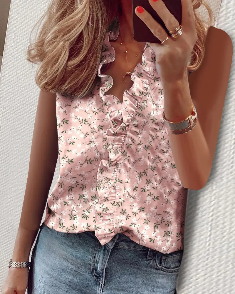 Women's Pink Floral Long Sleeve Ruffled Top - Image 21