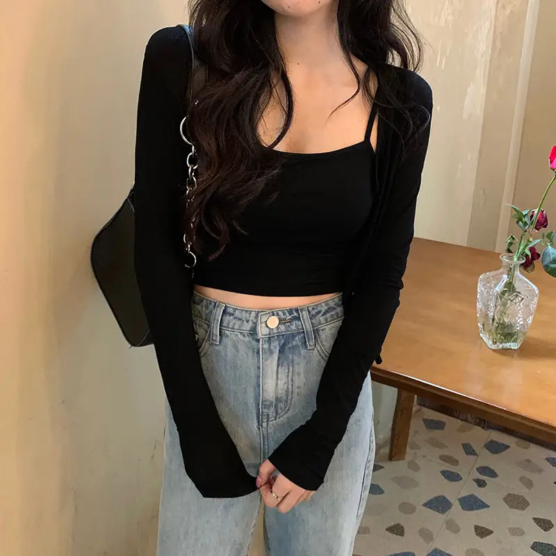 Women's Grey Knitted Short Top Spring Autumn Slim Fit - Image 5