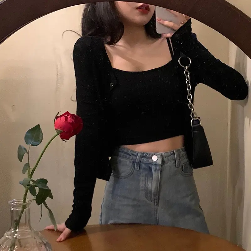 Women's Grey Knitted Short Top Spring Autumn Slim Fit - Image 6