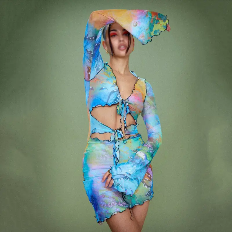 2025 Summer Cut Out Long Sleeve Skirt Dress for Women Blue Floral - Image 6