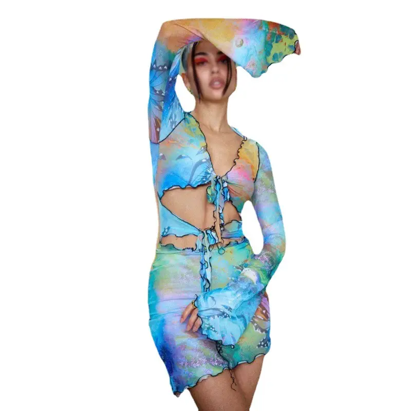 2025 Summer Cut Out Long Sleeve Skirt Dress for Women Blue Floral - Image 7