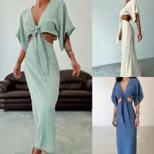 2025 Summer Cut Out Long Sleeve Skirt Dress for Women Blue Floral — feature 11