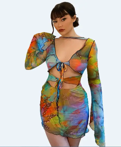 2025 Summer Cut Out Long Sleeve Skirt Dress for Women Blue Floral - Image 2