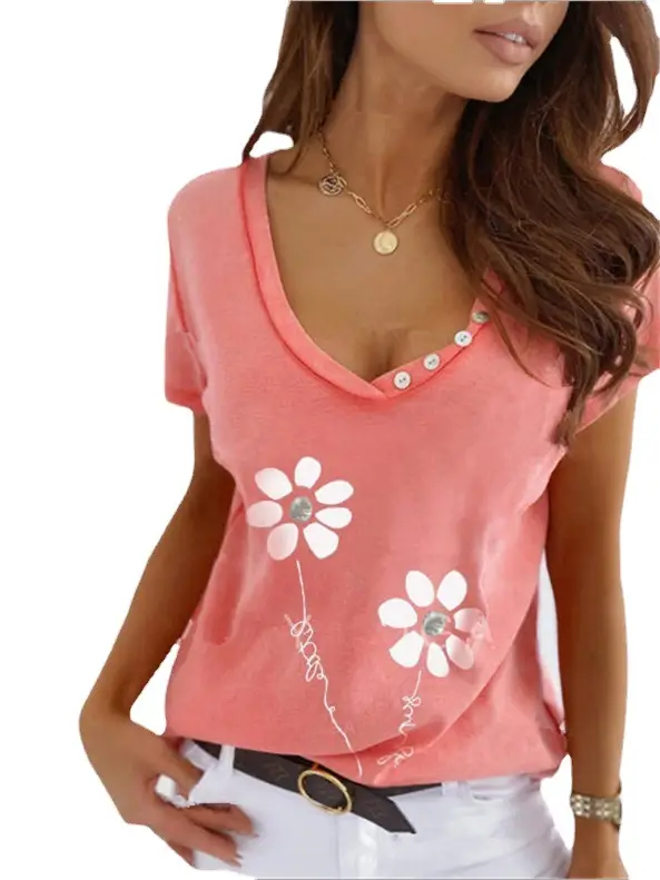 Women's Pink Floral Slim V-Cell T-Shirt with Buttons - Image 7