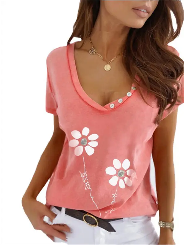 Women's Pink Floral Slim V-Cell T-Shirt with Buttons - Image 3