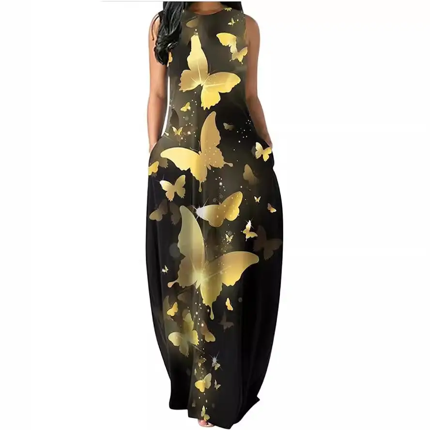 Black Butterfly Print Long Dress with Slim Fit Sleeves - Image 9