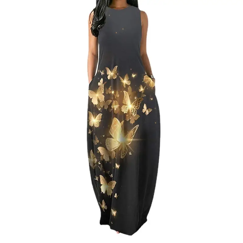 Black Butterfly Print Long Dress with Slim Fit Sleeves - Image 10