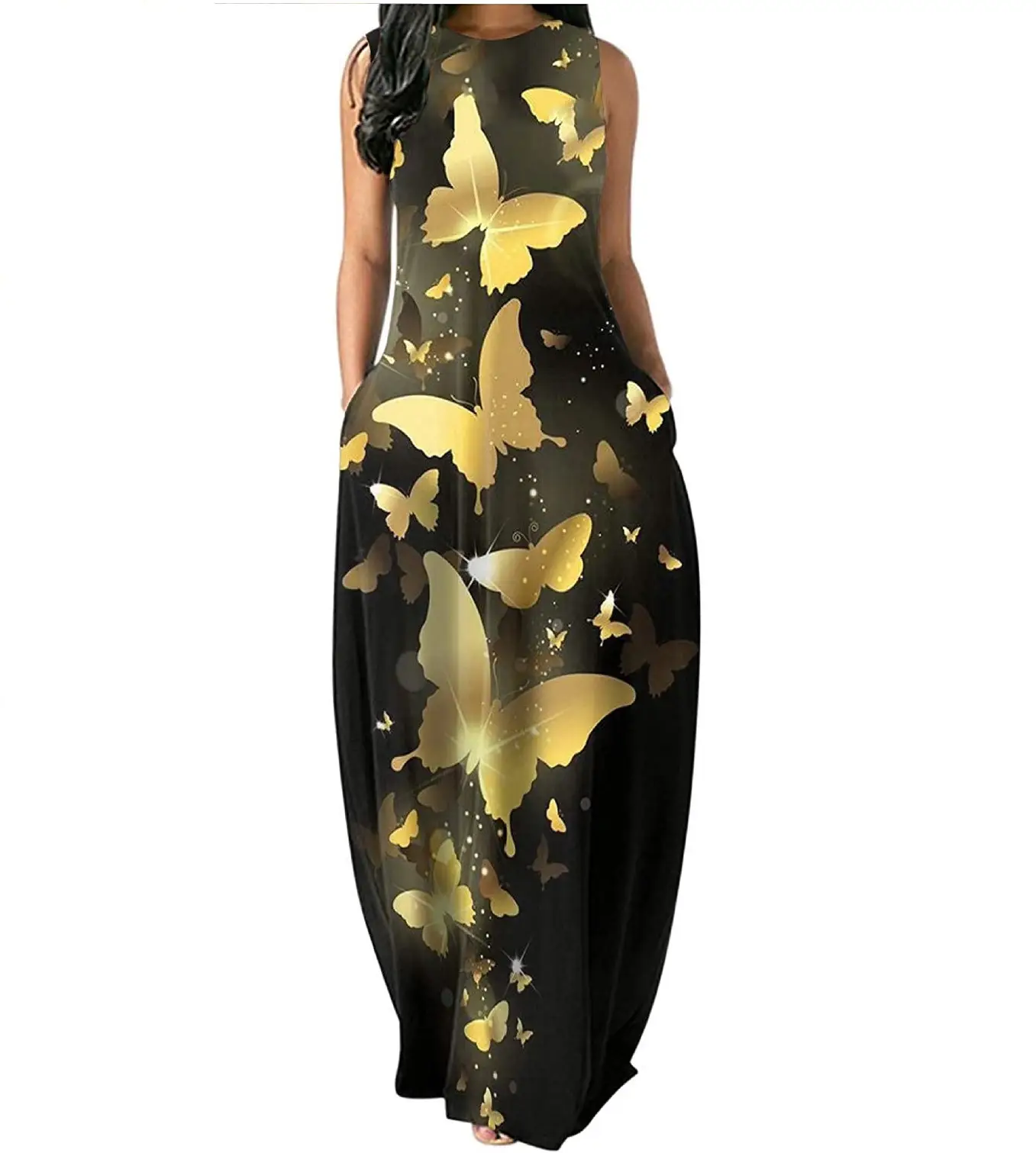 Black Butterfly Print Long Dress with Slim Fit Sleeves - Image 3