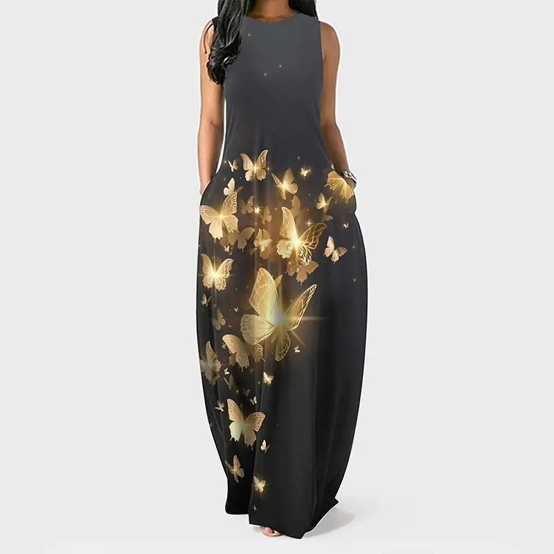 Black Butterfly Print Long Dress with Slim Fit Sleeves - Image 4