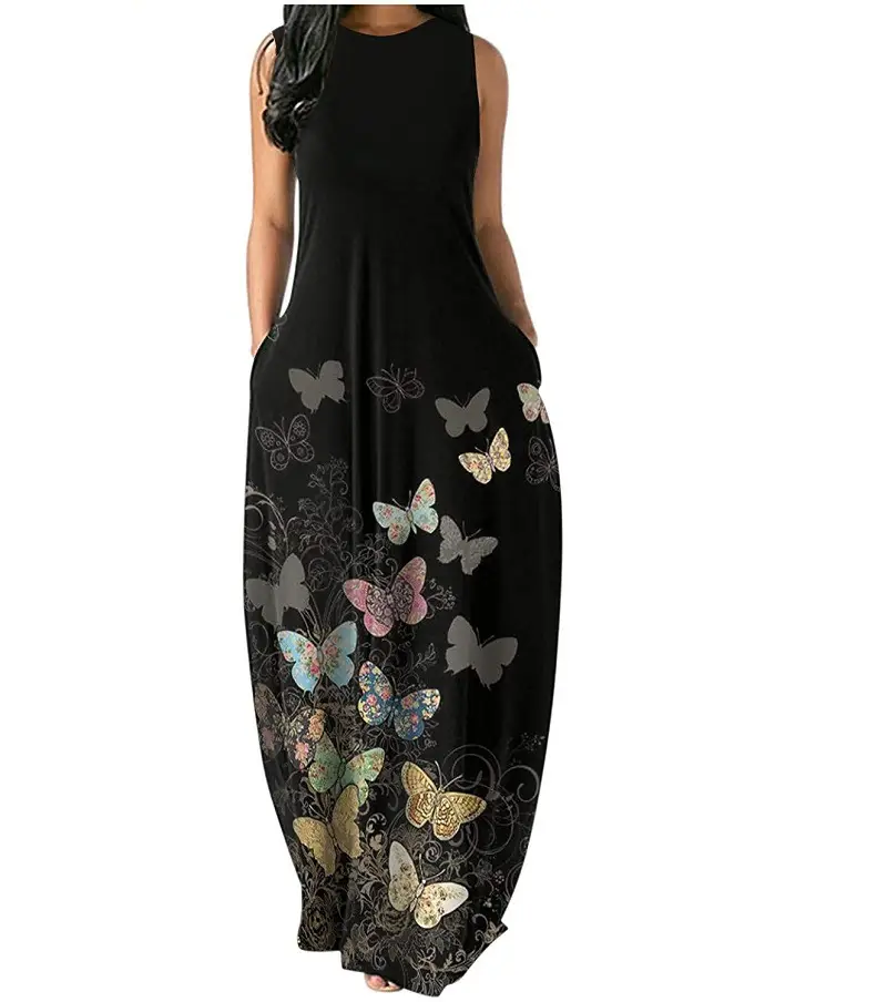 Black Butterfly Print Long Dress with Slim Fit Sleeves - Image 5