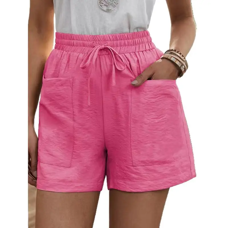 Women Linen Wide Leg Shorts Pink High Waist Casual
