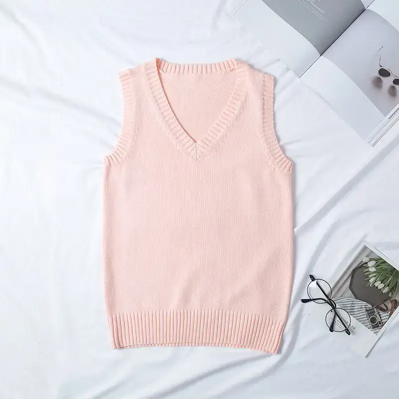 Pink Knitted Sleeveless V-Neck Vest for Women