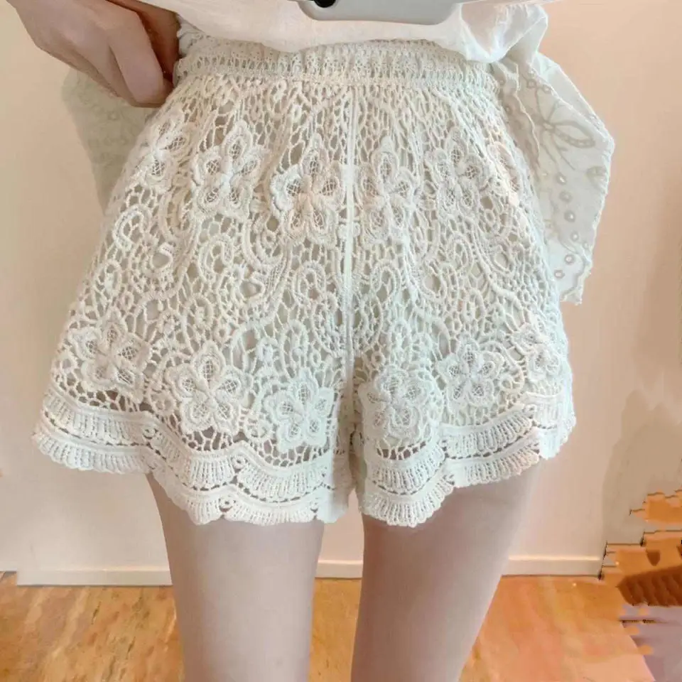 Women's White Embroidered Cotton Shorts F180 - Image 87