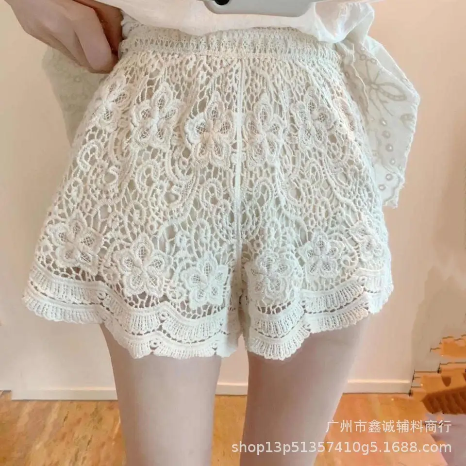 Women's White Embroidered Cotton Shorts F180 - Image 11