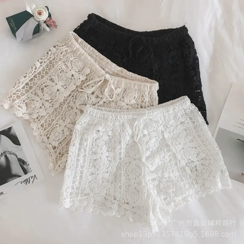 Women's White Embroidered Cotton Shorts F180 - Image 2
