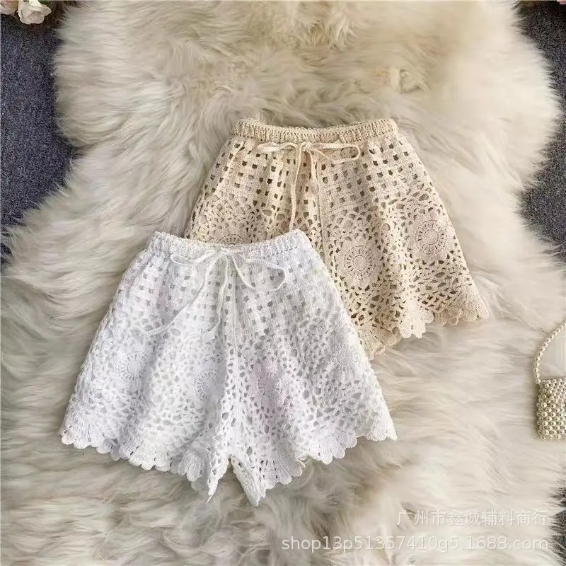 Women's White Embroidered Cotton Shorts F180 - Image 25