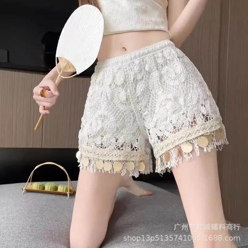 Women's White Embroidered Cotton Shorts F180 - Image 34