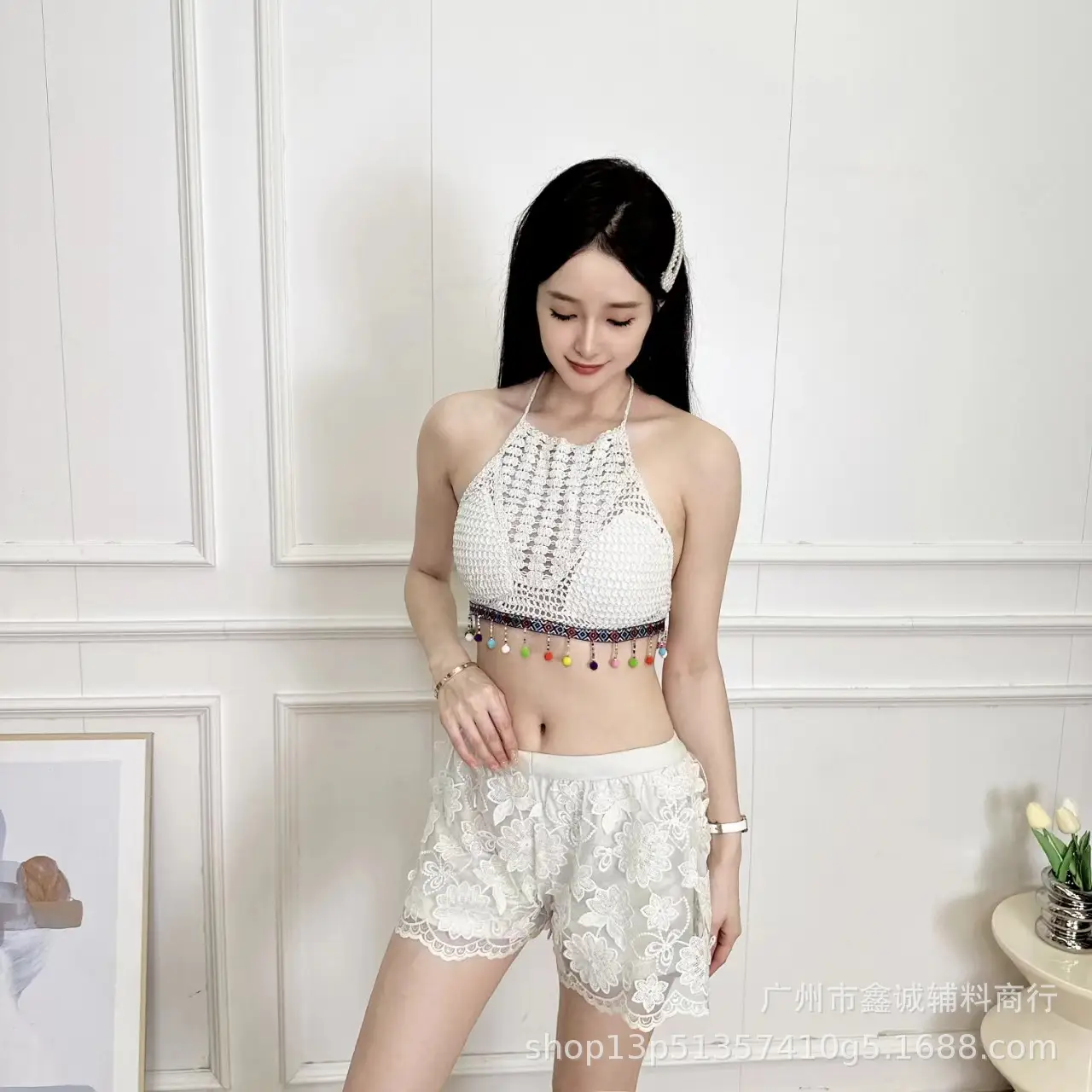 Women's White Embroidered Cotton Shorts F180 - Image 42