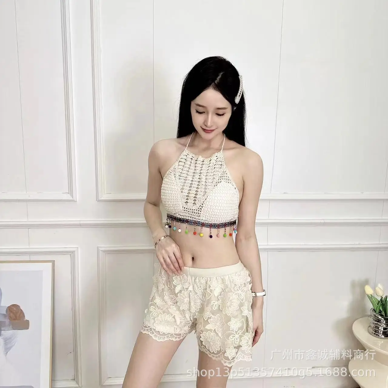 Women's White Embroidered Cotton Shorts F180 - Image 43