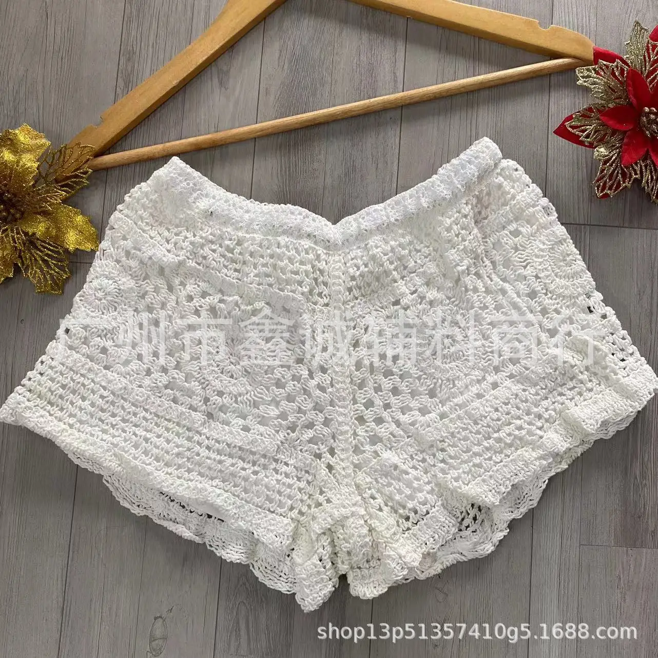 Women's White Embroidered Cotton Shorts F180 - Image 44