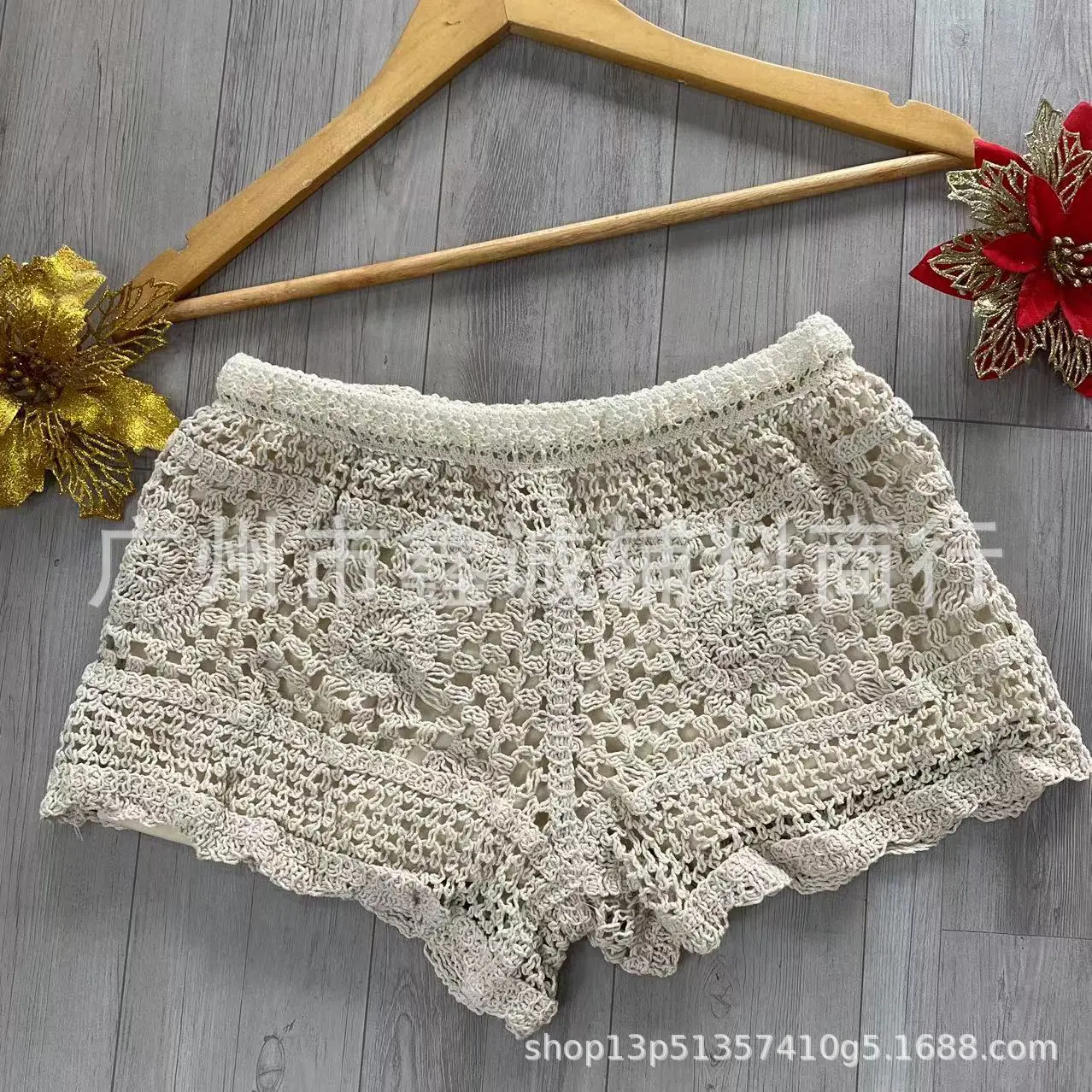 Women's White Embroidered Cotton Shorts F180 - Image 45