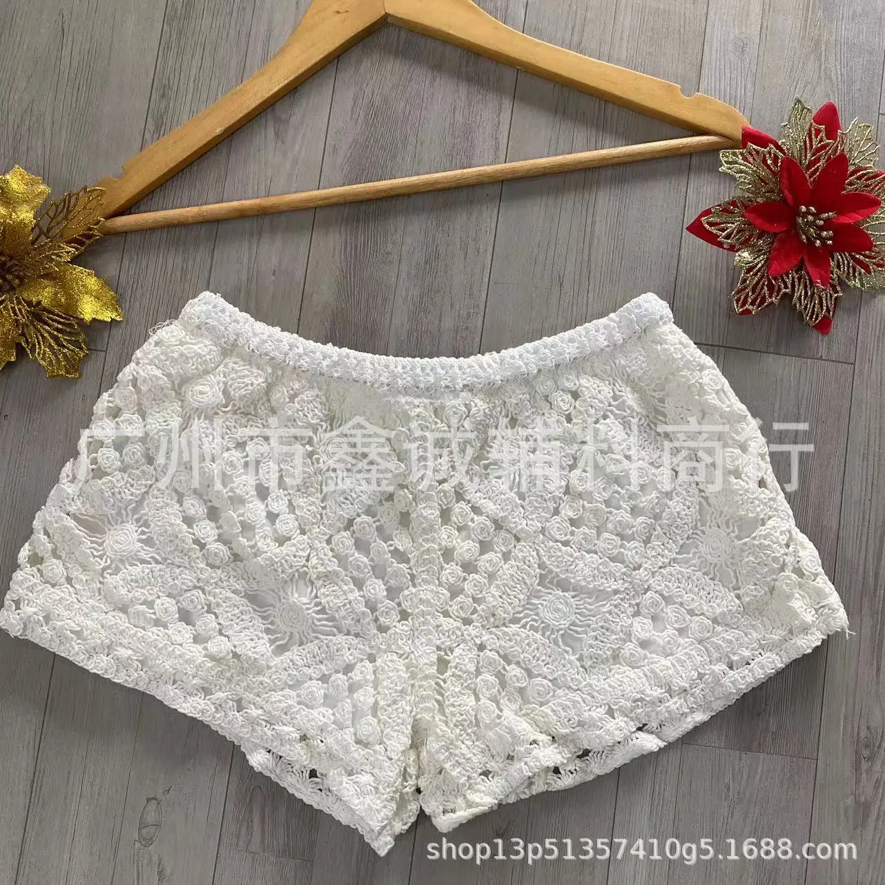 Women's White Embroidered Cotton Shorts F180 - Image 46