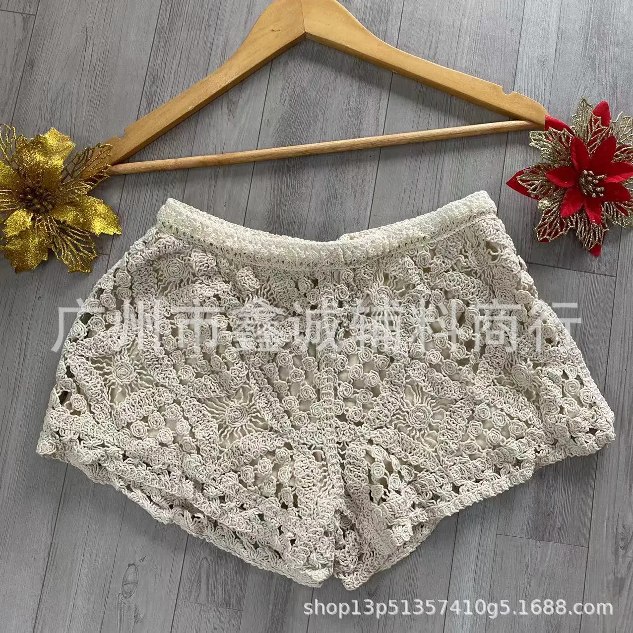 Women's White Embroidered Cotton Shorts F180 - Image 47