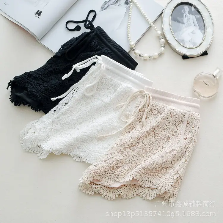 Women's White Embroidered Cotton Shorts F180 - Image 5