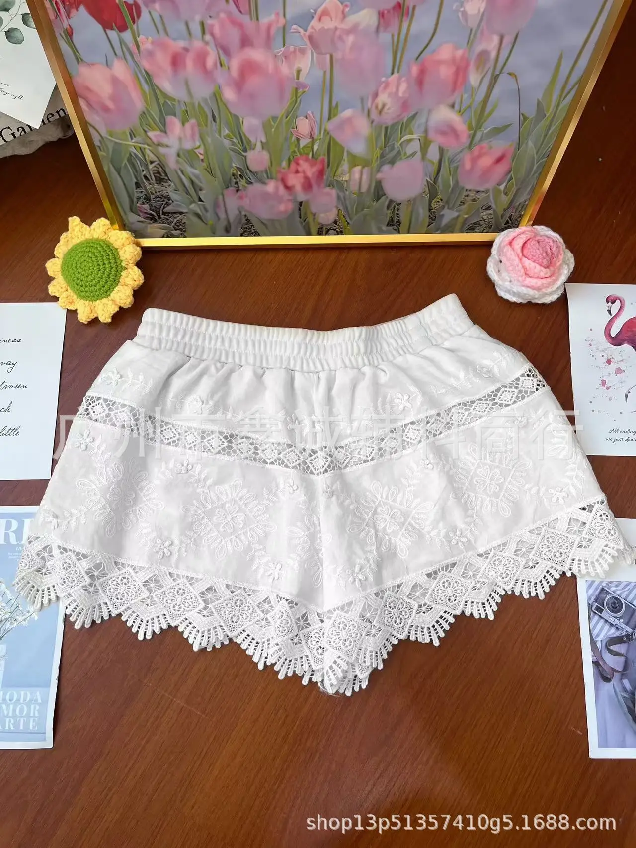 Women's White Embroidered Cotton Shorts F180 - Image 64