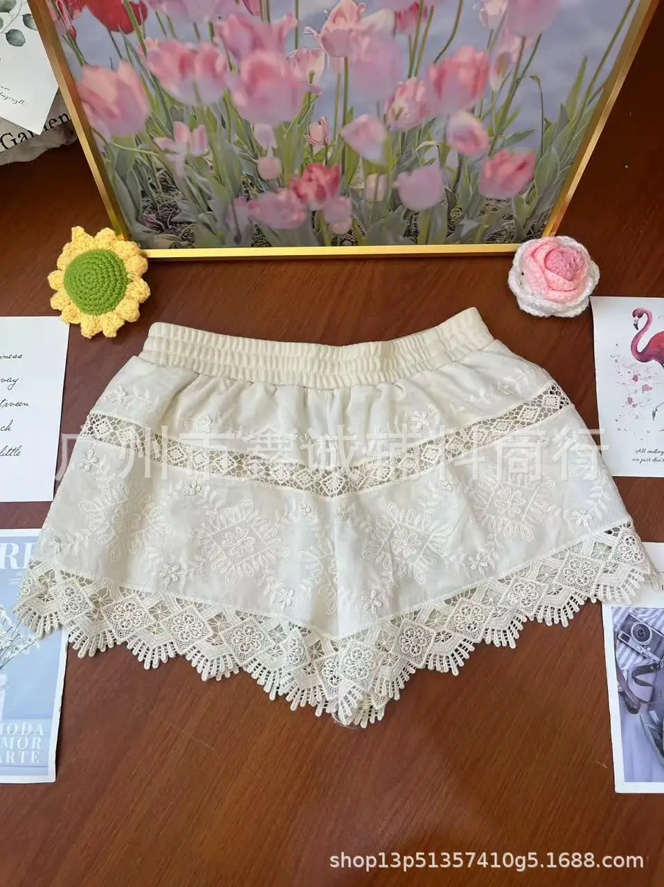 Women's White Embroidered Cotton Shorts F180 - Image 65