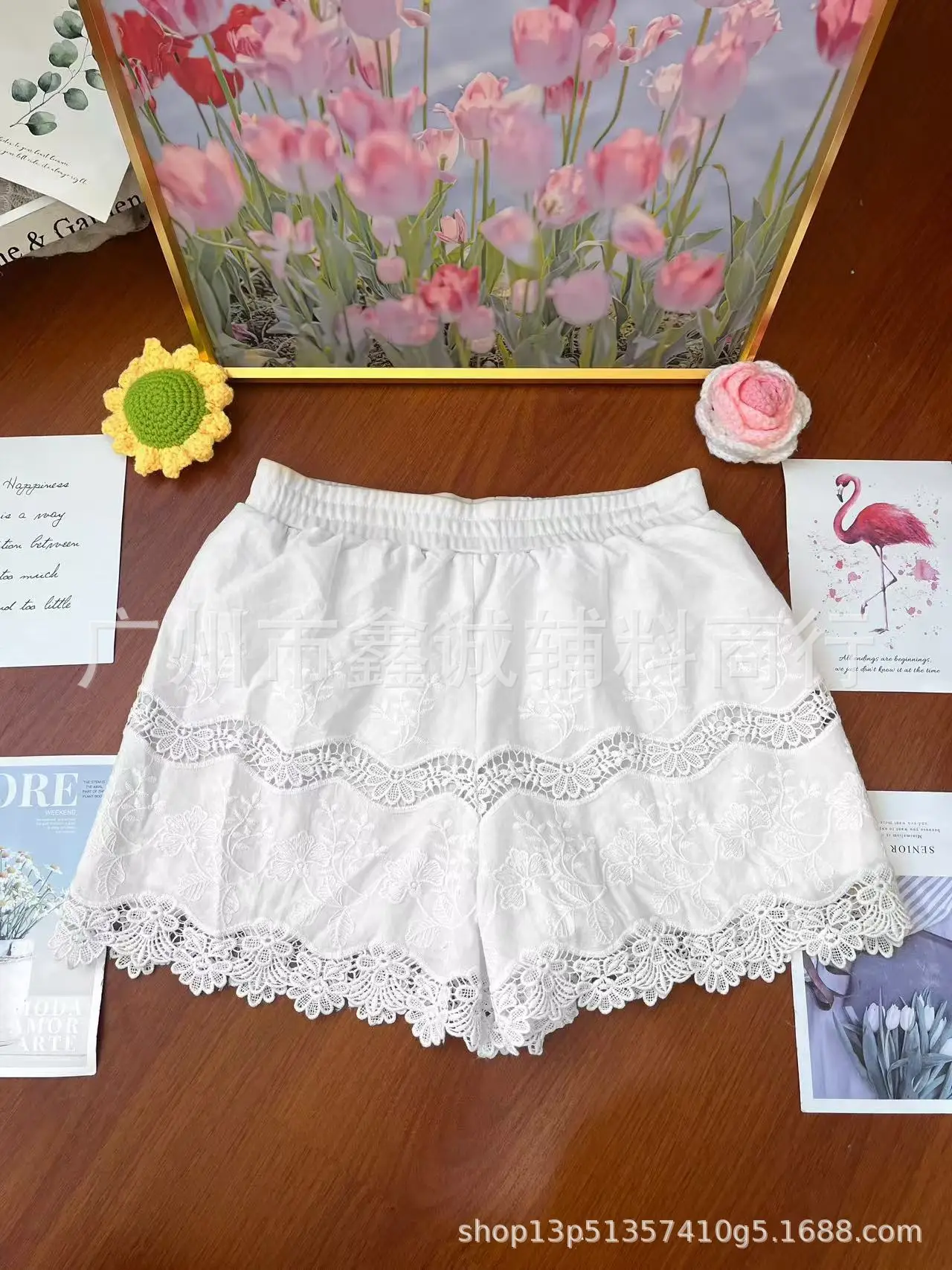 Women's White Embroidered Cotton Shorts F180 - Image 66