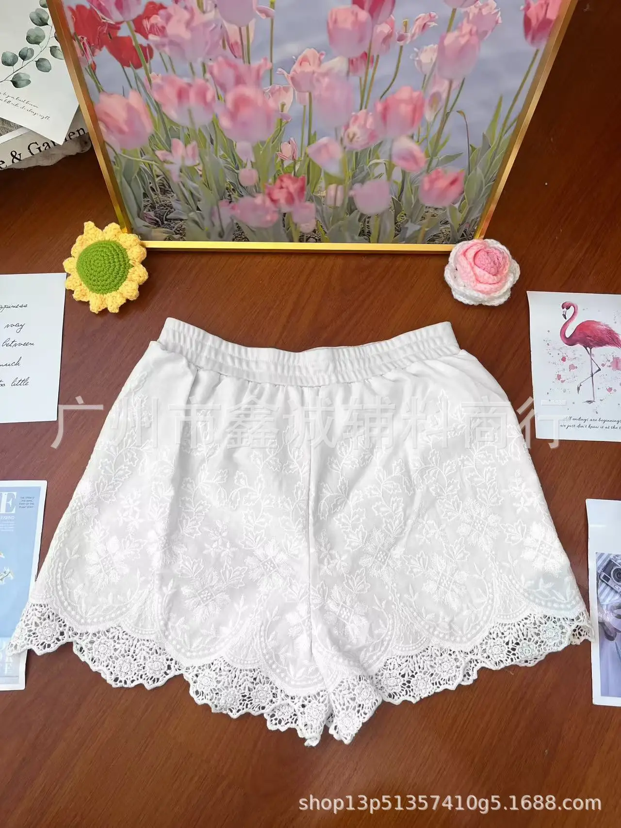 Women's White Embroidered Cotton Shorts F180 - Image 68