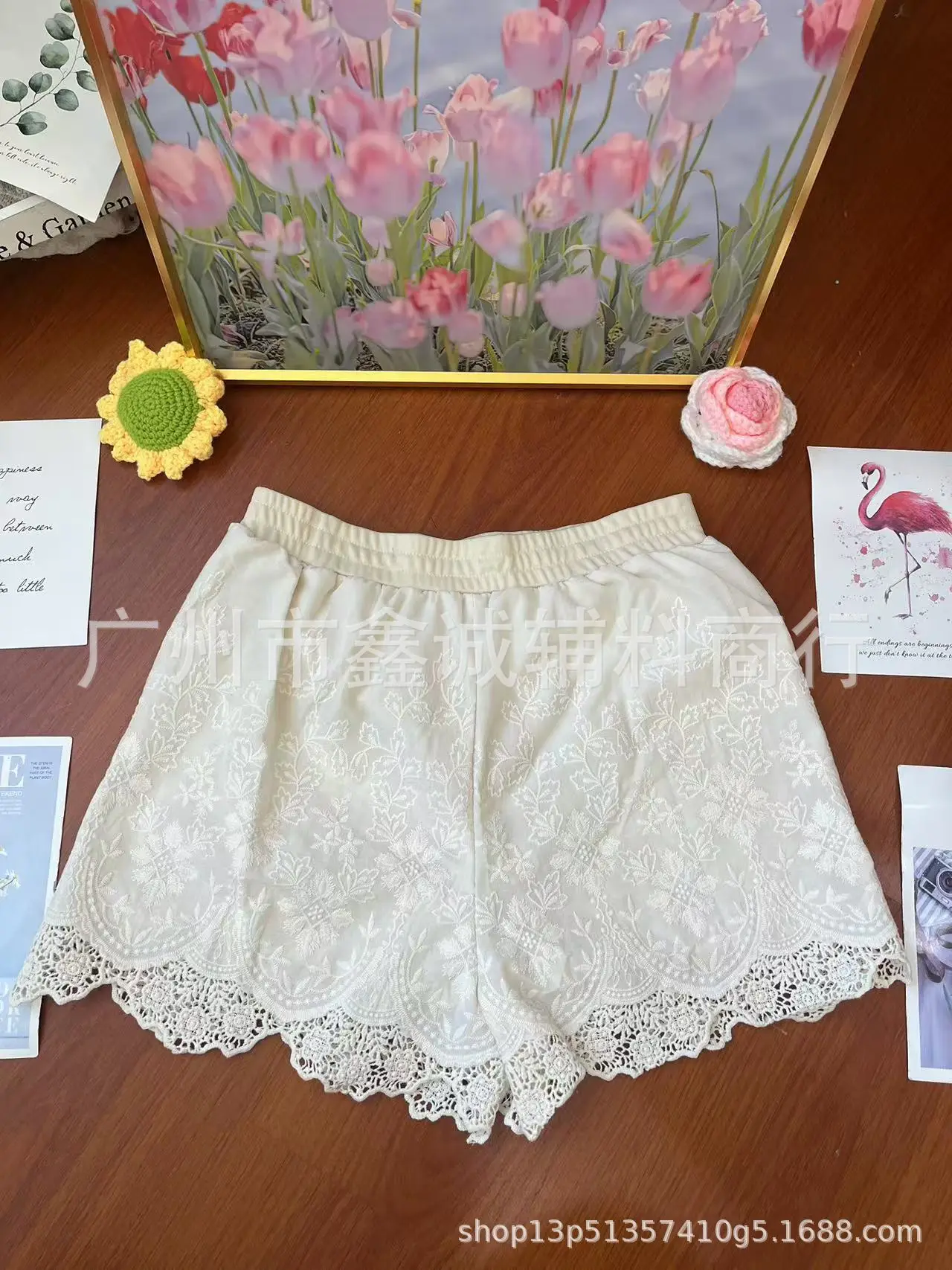 Women's White Embroidered Cotton Shorts F180 - Image 69