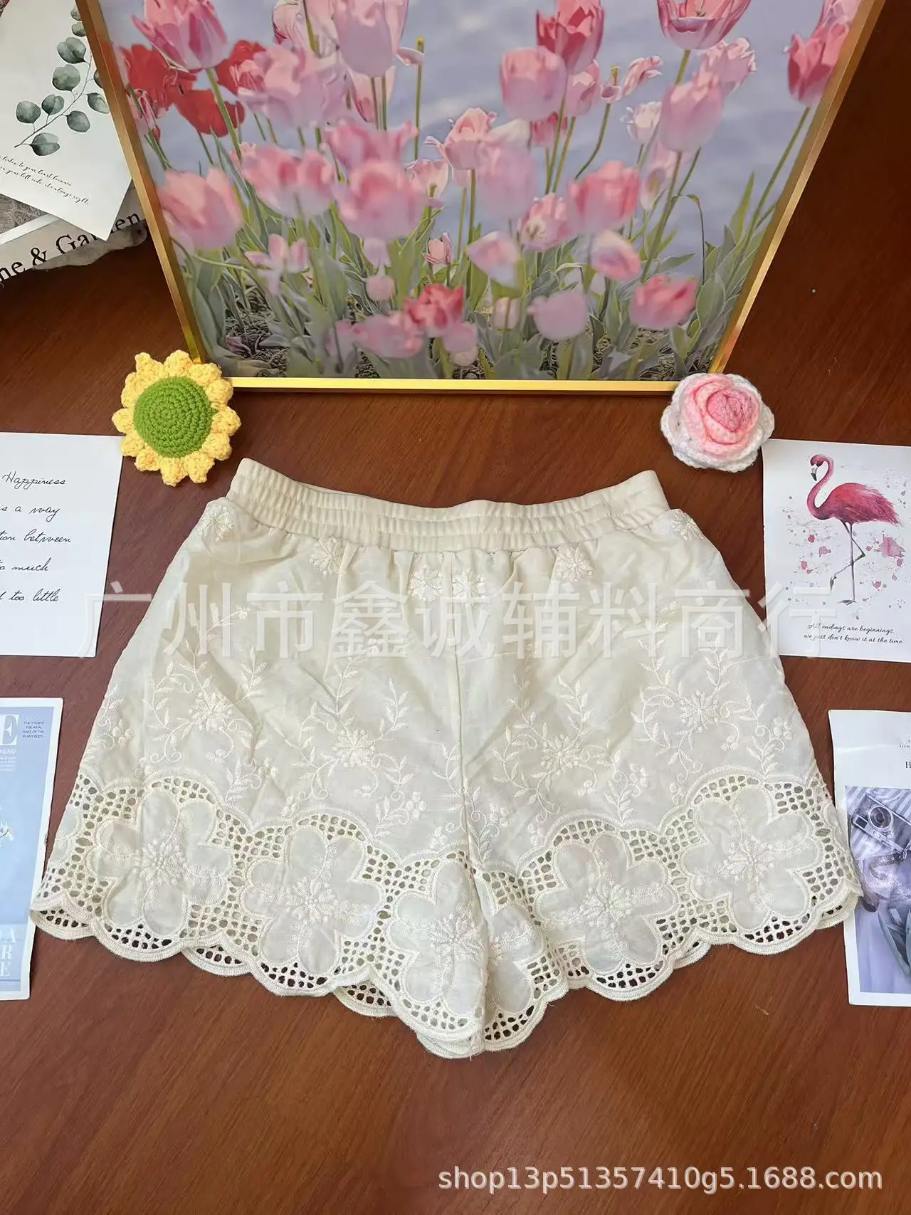 Women's White Embroidered Cotton Shorts F180 - Image 71