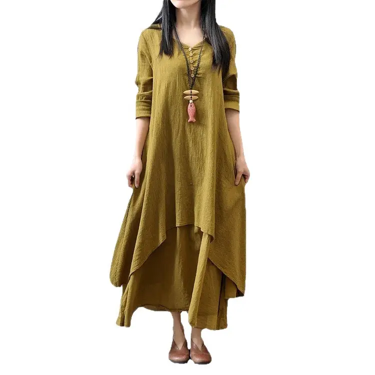 Long Flared Linen Dress with Tassel Detail - Image 5