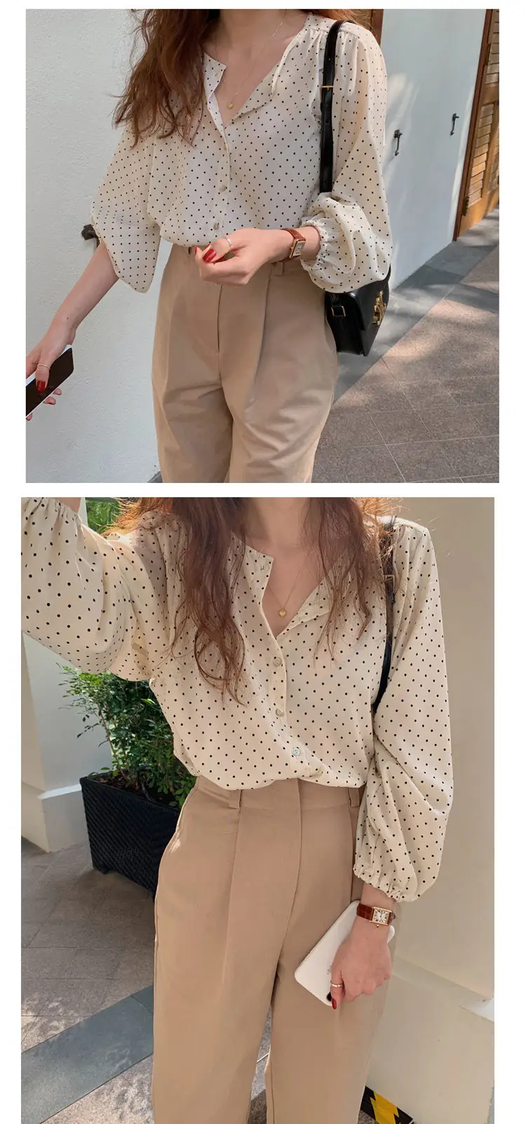 Women's Long Sleeve Polka Dot Chiffon Shirt Beige — feature 10