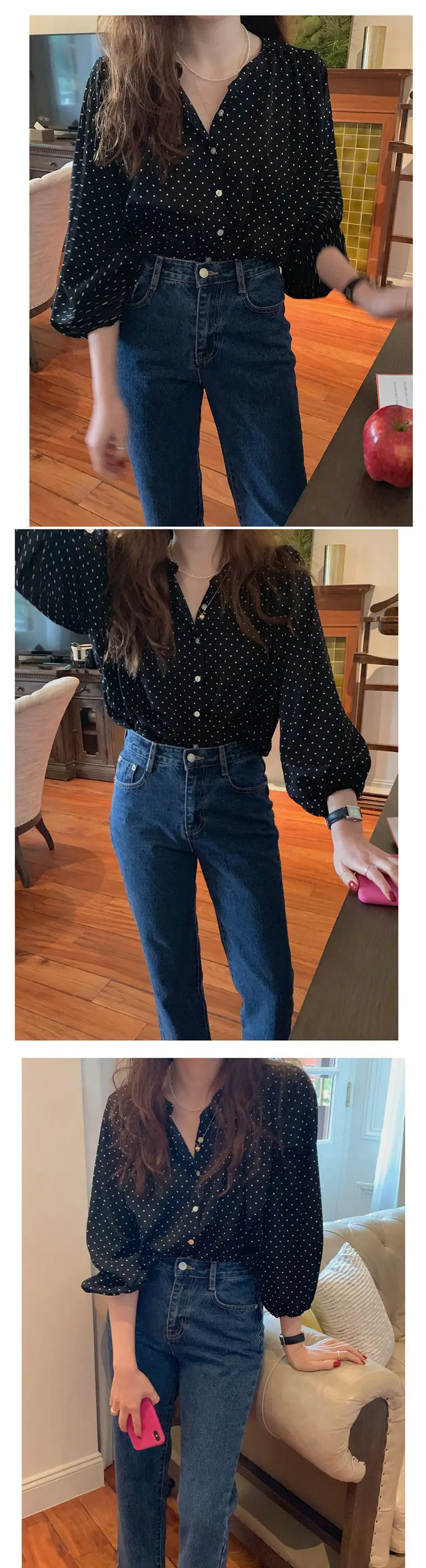 Women's Long Sleeve Polka Dot Chiffon Shirt Beige — feature 2