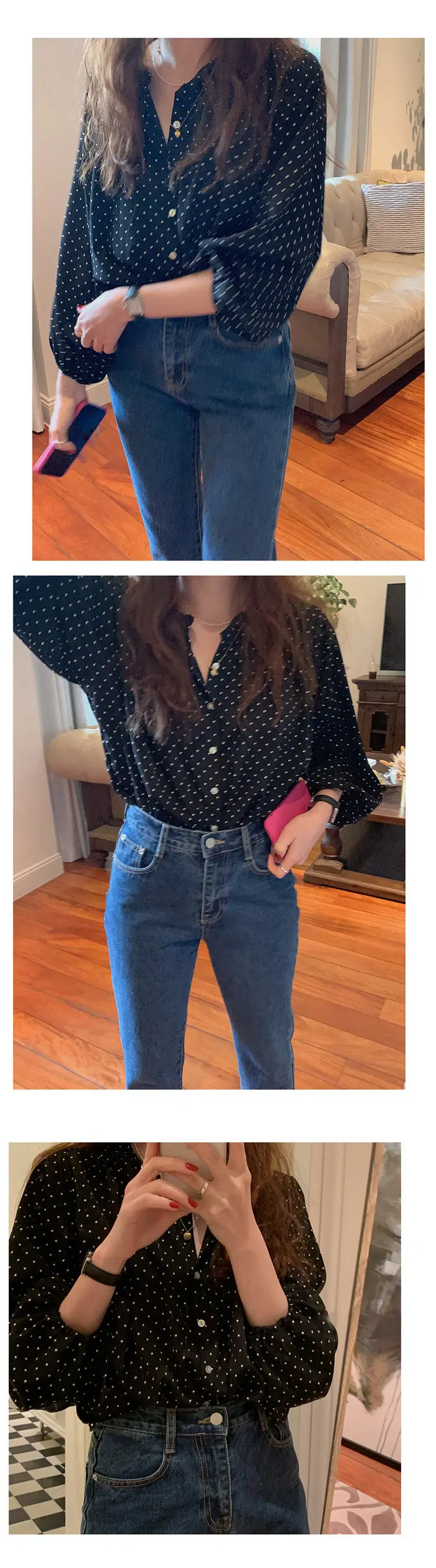 Women's Long Sleeve Polka Dot Chiffon Shirt Beige — feature 5