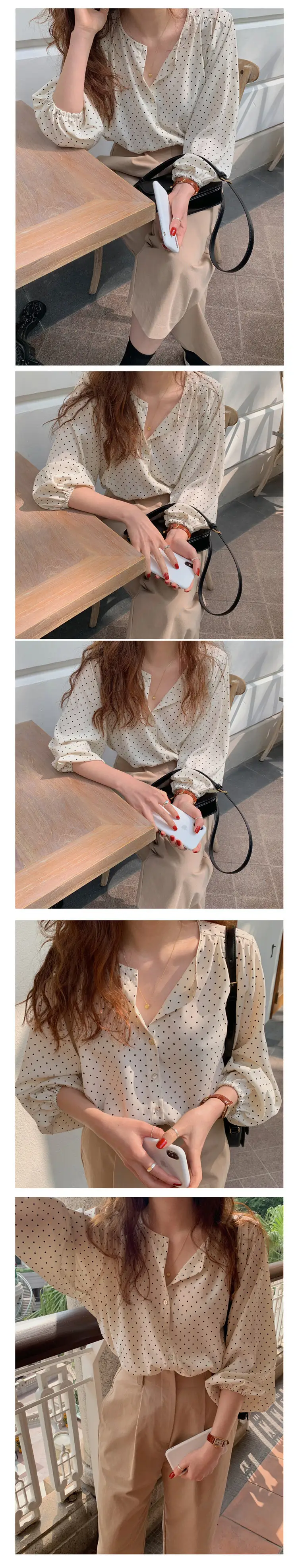 Women's Long Sleeve Polka Dot Chiffon Shirt Beige — feature 6