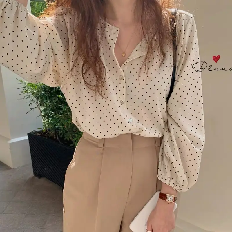 Women's Long Sleeve Polka Dot Chiffon Shirt Beige - Image 2