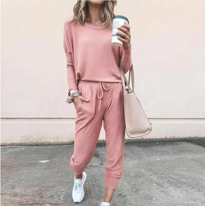Women Pink Loose Fit Long Sleeve Sweatpants Set — feature 3