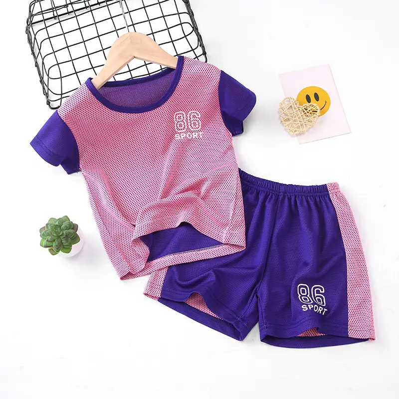Girls Pink Purple Mesh Sports Shorts Set Summer - Image 2