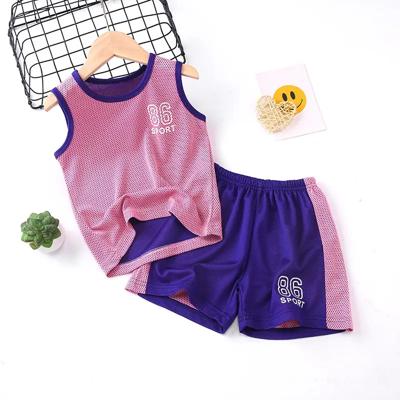 Girls Pink Purple Mesh Sports Shorts Set Summer - Image 7