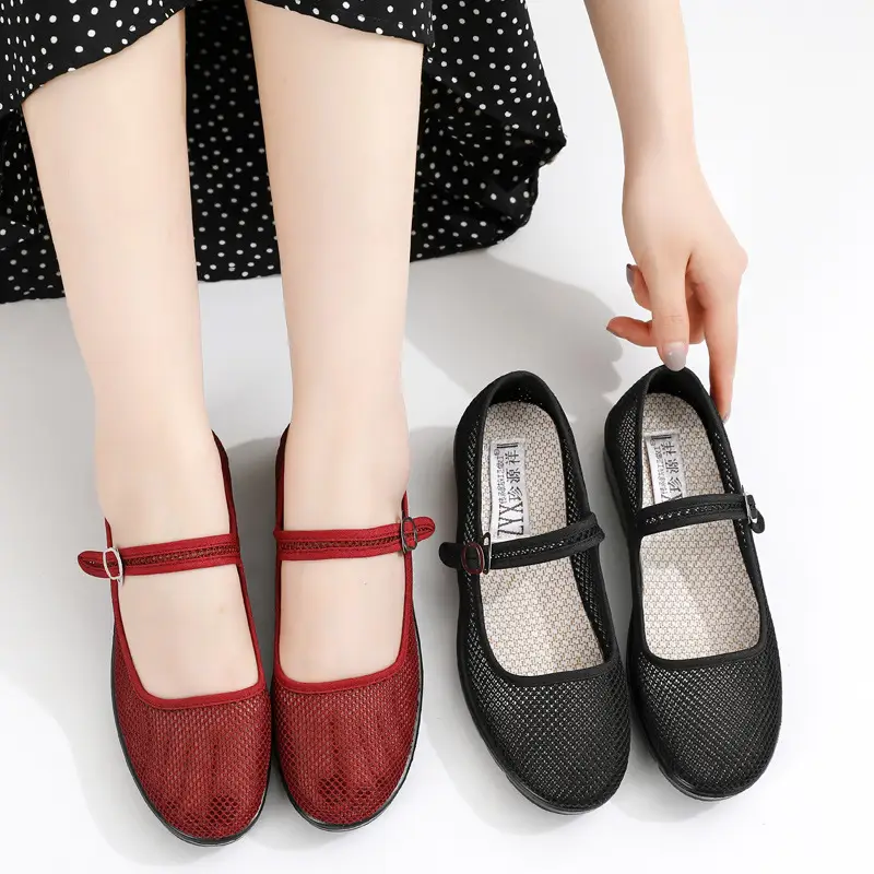 Summer Old Beijing Cloth Shoes Women's Mesh Shoes Breathable Mesh Work Shoes Women's Flat Hotel Work Shoes Soft Sole Mother Shoes