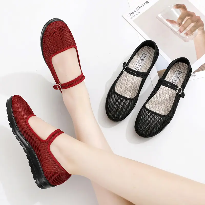 Summer Old Beijing Cloth Shoes Women's Mesh Shoes Breathable Mesh Work Shoes Women's Flat Hotel Work Shoes Soft Sole Mother Shoes