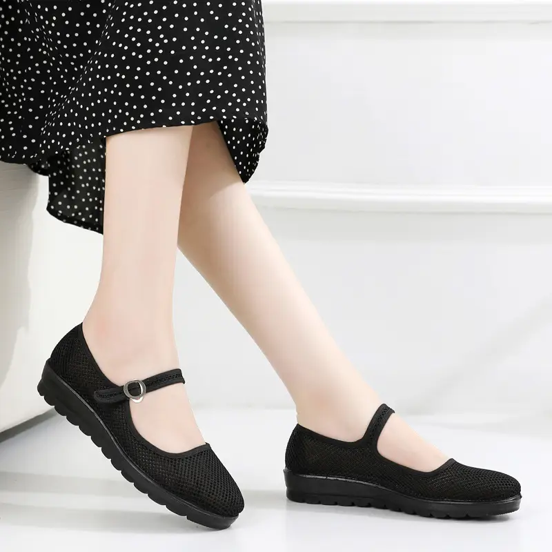 Summer Old Beijing Cloth Shoes Women's Mesh Shoes Breathable Mesh Work Shoes Women's Flat Hotel Work Shoes Soft Sole Mother Shoes